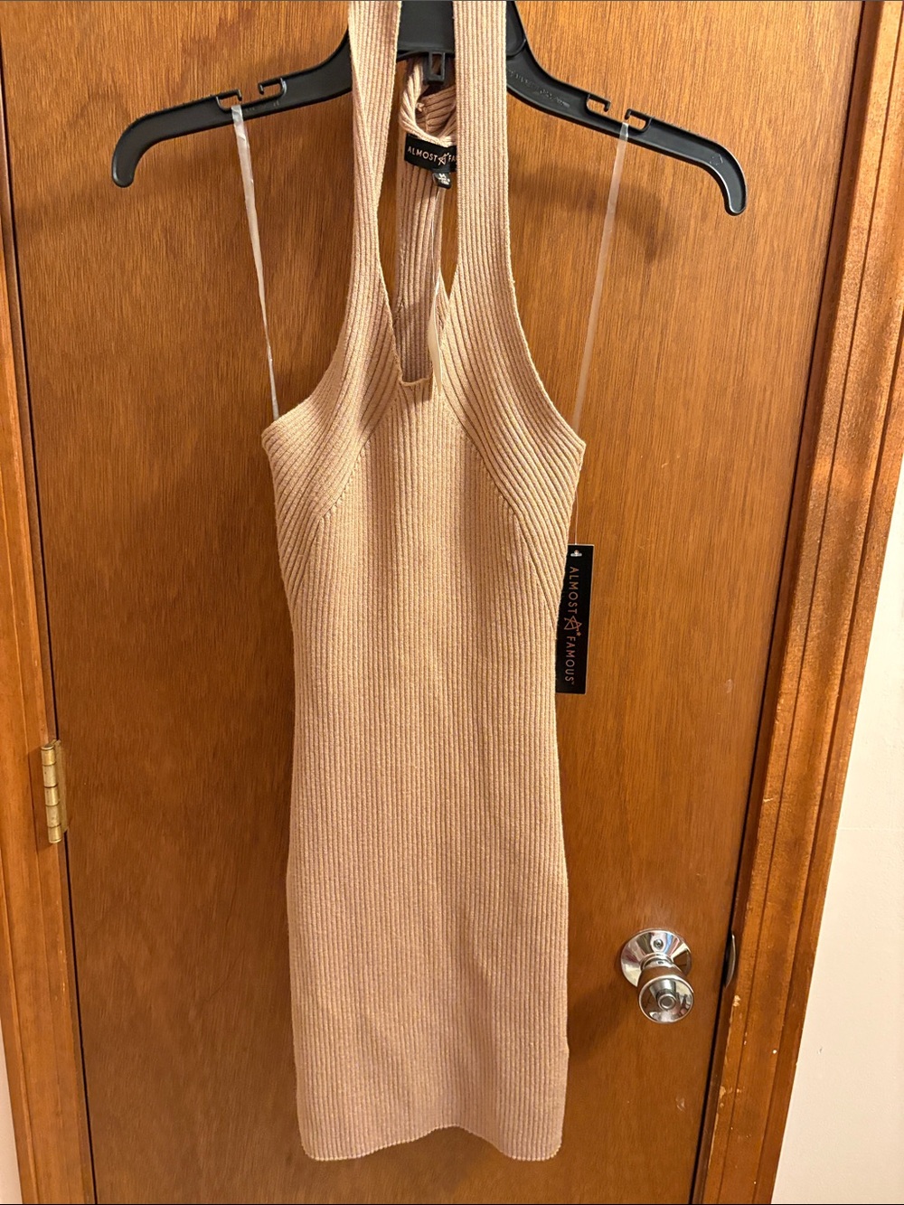 Almost Famous Beige Ribbed Halter Midi Dress